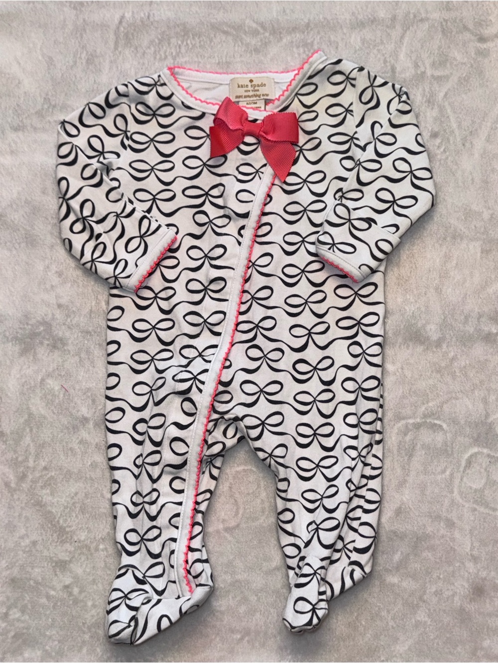 Kate Spade Bow-Print Footed Onesie with Pink Trim and Pink Bow 0-3 months